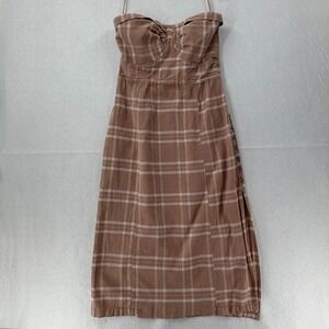 Free People Strapless Plaid Midi Dress in Taupe and Cream